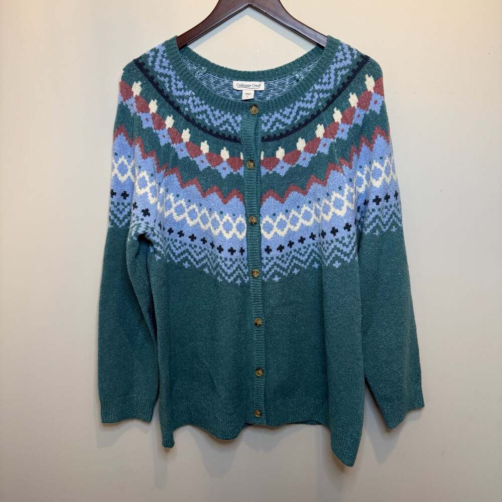 Coldwater Creek Fair Isle Yoke Button-Front Cardigan Sweater Teal Large